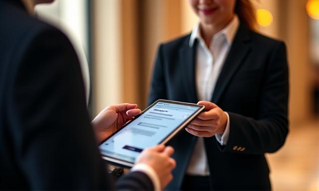 Luxury hotel concierge assisting a guest with high-end tech