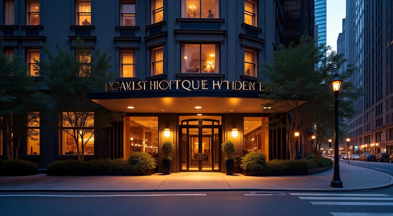 Boutique hotel facade and sunset view